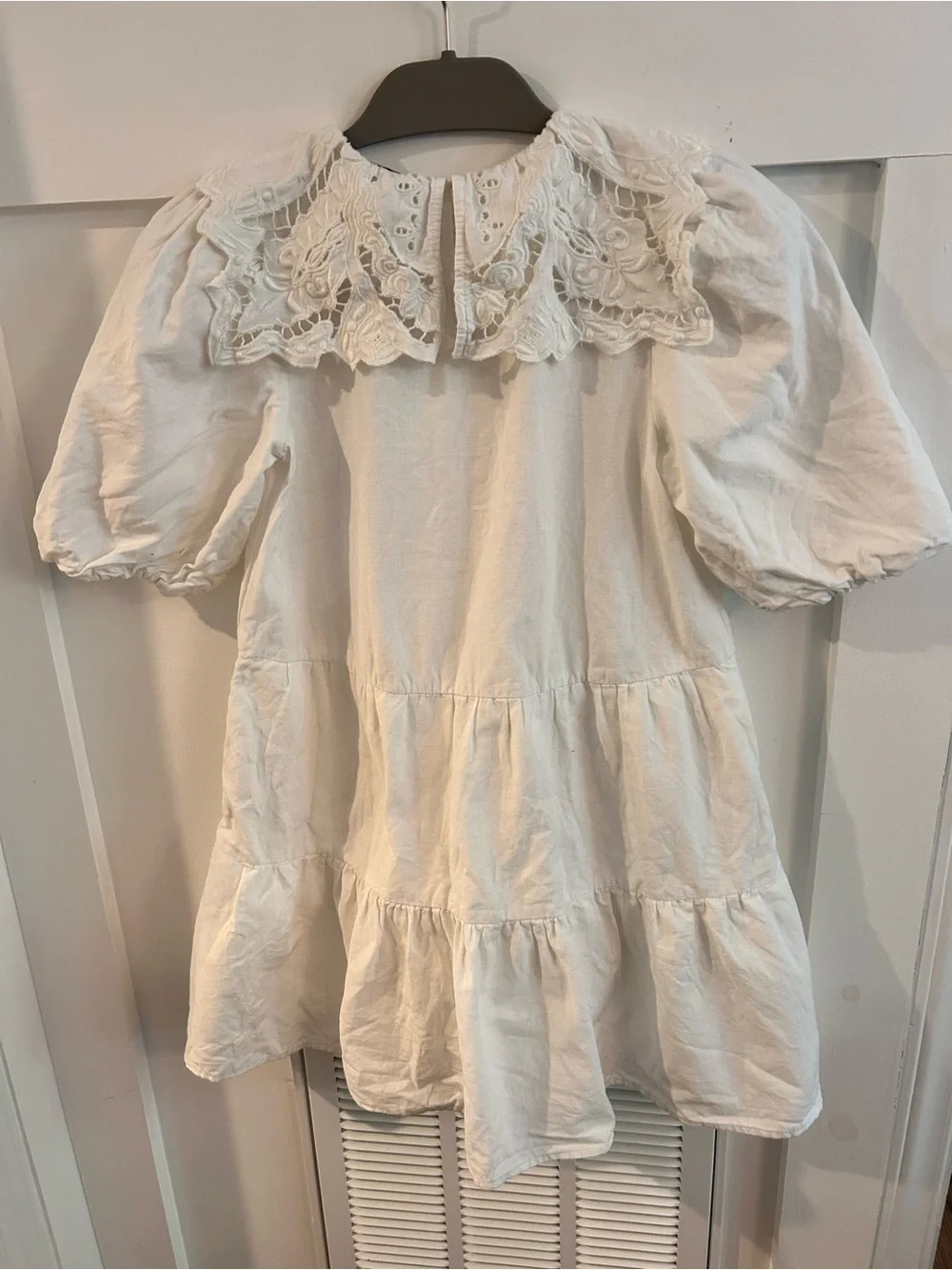 Sea Anita Puff Sleeve Dress Girls 10Yrs Cream Linen Round Neck Lace Back Button